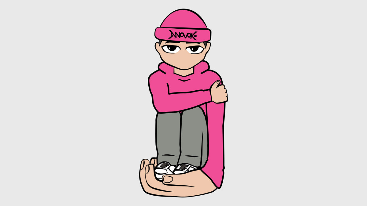 Cartoon character wearing a pink hoodie and hat, standing on a hand holding themselves. Illustration for Innovoke "I got me" tee.